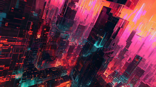 Craft a digital rendering that blends abstract art with futuristic elements Utilize pixel art style with glitch effects, focusing on unexpected camera angles
