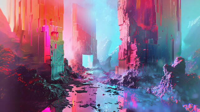 Craft a digital rendering that blends abstract art with futuristic elements Utilize pixel art style with glitch effects, focusing on unexpected camera angles