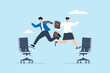 © VZ_Art - Flat illustration of businessman and businesswoman jump onto office chair symbolizing job rotation for new skill and responsibility