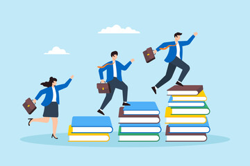 Poster - Flat illustration of employee run on stack of book toward success symbolizing knowledge and education helping business growth