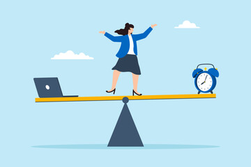 Poster - Flat illustration of woman balance on seesaw between laptop and personal time symbolizing work life balance