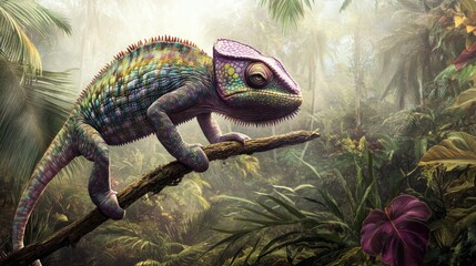 Poster - Vibrant chameleon perched on a branch in a lush, misty rainforest.