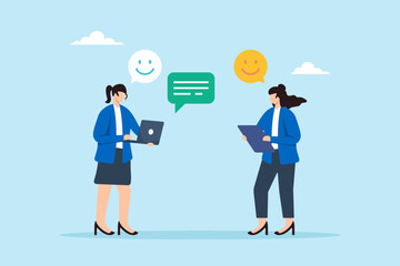 Poster - Flat illustration of cheerful businesswoman share feedback emoji with teammate symbolizing team communication and idea improvement