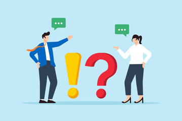 Poster - Flat illustration of businessman and businesswoman discuss question mark and exclamation mark with speech bubble symbolizing problem solving through FAQ