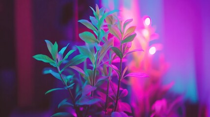 Poster - Vibrant neon-lit green plants in a pot.