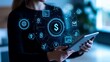 © loxia stock image - Woman using tablet, digital finance icons.