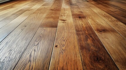 Warm brown hardwood floor planks, close-up perspective.