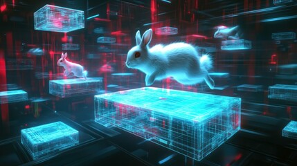 Sticker - White rabbits leap across glowing digital platforms in a futuristic cyberspace.