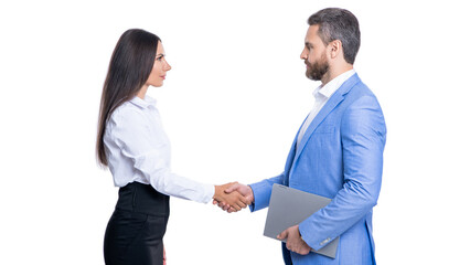 Wall Mural - successful business partnership of two businesspeople partner celebrating success with handshake isolated on white