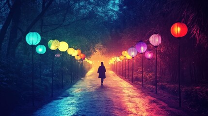 Canvas Print - Woman walks path lit by colorful lanterns at night.