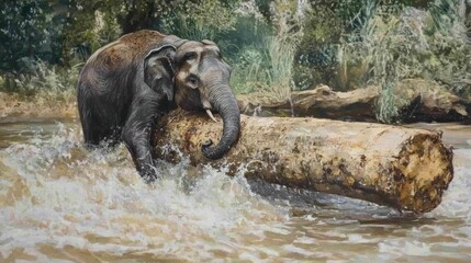 Poster - Young elephant pushing a large log in a river.