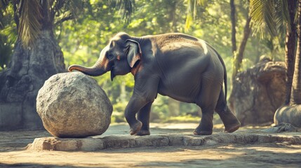 Poster - Young elephant pushing a large rock in a lush green tropical environment.