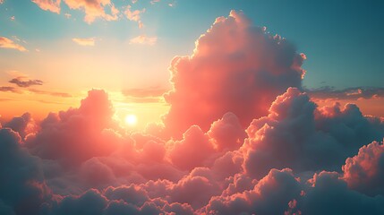 Wall Mural - aerial sunset view, vibrant cloudscape, above-the-clouds, golden hour, atmospheric, peaceful, backgr