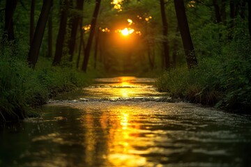 Wall Mural - A tranquil forest with a river running through it and a golden sunset, where the day ends in perfect harmony