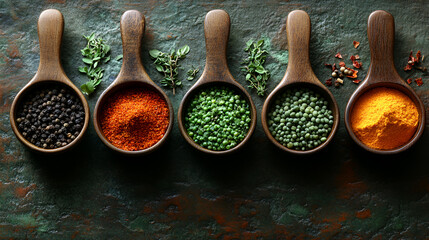 Colorful spices in wooden spoons, featuring vibrant powders and aromatic seasonings, against a rustic background

