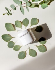 Canvas Print - White jar of cream, surrounded by eucalyptus leaves. Natural beauty product.