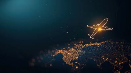 Poster - global Airplane Icon A silhouette of a passenger airplane flying over a world map, connecting major cities with flight paths, illustrating global travel and connectivity.