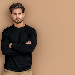 Man standing with arms crossed in casual attire against a neutral background