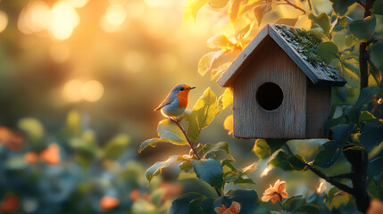 A rustic birdhouse in the garden during golden hour, with autumn leaves and a tranquil, bokeh-filled background