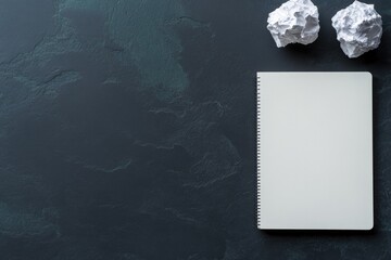 flat lay of crumpled paper balls and smooth white notebook placed on dark textured surface copy space