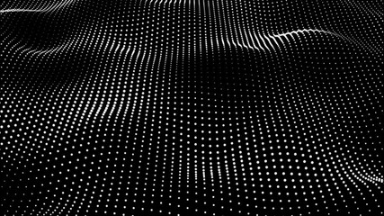 Poster - Abstract black background wave white dot particles form. Technology futuristic digital flow seamless looping
