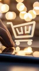 Poster - A close-up of a person browsing an online store on a tablet, with focus on a shopping cart and product recommendations, symbolizing consumer targeting