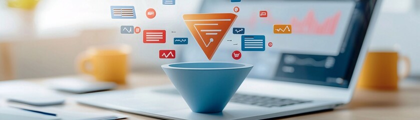 Poster - A detailed 3D rendering of a digital marketing funnel, surrounded by data points and graphs illustrating consumer behavior