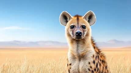 a contemplative portrait of a spotted hyena, showcasing its unique markings, with a soft-focus n lan