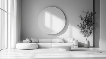Poster - Minimalist living room with a monochromatic theme, clean lines, and carefully curated furniture for a serene look.