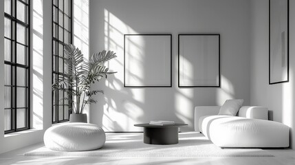Poster - Minimalist living room with a monochromatic theme, clean lines, and carefully curated furniture for a serene look.
