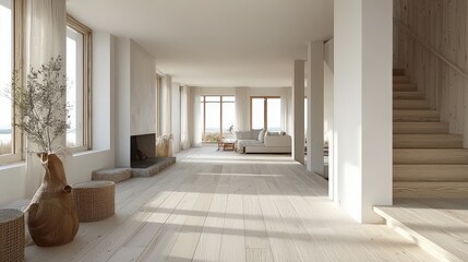 Poster - Modern Scandinavian interior design featuring white walls, light wood floors, and functional yet aesthetic decor elements.