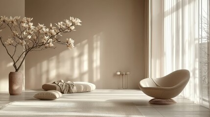 Poster - Sophisticated minimalist living room with a neutral color scheme, structured furniture, and an uncluttered layout.