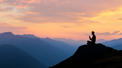 Wall Mural - Sunrise Serenity Silhouette of a Man in Prayer on Mountain Peak