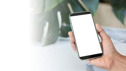 Poster - Mockup image screen smartphone, Cell phone with blank space for text, Hand woman work using smartphone, White background for advertising, Marketing, Design, Design creative work space.