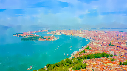 Wall Mural - Venice, Italy. Watercolor illustration. Panoramic view of the historic center of Venice. sunny day, Aerial View