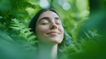 Poster - serene portrait of person surrounded by greenery with soft natural light illuminating their face featuring ample copy