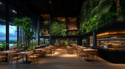 Tropical Restaurant Interior: A stunning restaurant interior design showcases a vibrant, lush vertical garden integrated seamlessly into a modern, dark-wood setting.