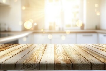 Wall Mural - Wooden table, kitchen, sunlight, bokeh, product display (1)