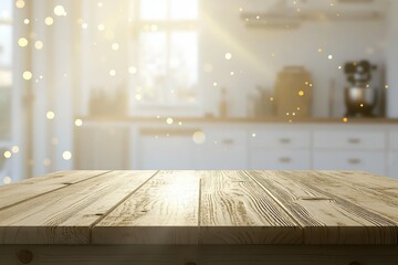 Wall Mural - Wooden table, kitchen backdrop, sunlight, bokeh, product display (2)