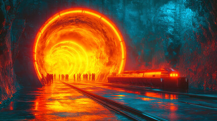 Wall Mural - Futuristic Train Entering Glowing Portal: A Journey into the Unknown