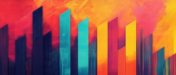 Wall Mural - A vibrant abstract artwork featuring tall, colorful structures against a bright, dynamic background, blending shades of blue, purple, orange, and yellow.