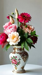 Poster - A vase of flowers with pink and white roses. The vase is white and has gold trim
