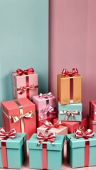 Aufkleber - A stack of colorful boxes with pink bows on them. The boxes are of different sizes and colors