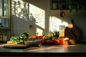 Wall Mural - Sunny kitchen counter, fresh vegetables, cooking prep