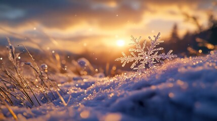 Wall Mural - Sparkling snowflake at sunset in snowy field.