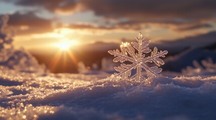 Wall Mural - Crystal snowflake on snow at sunset.