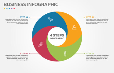 Poster - Visual data presentation. Cycle diagram with 4 options. Pie Chart Circle infographic template with 4 steps, options, parts, segments. Business concept. Editable pie chart with sectors.