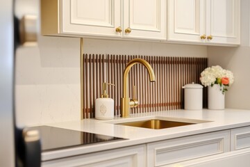 Wall Mural - Gold faucet kitchen sink detail, wood backsplash, floral decor