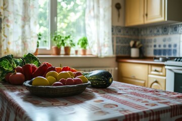 Wall Mural - Fresh vegetables kitchen table harvest sunlight interior