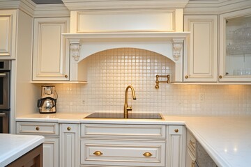 Wall Mural - Elegant kitchen, cream cabinets, gold faucet, tile backsplash, modern appliances